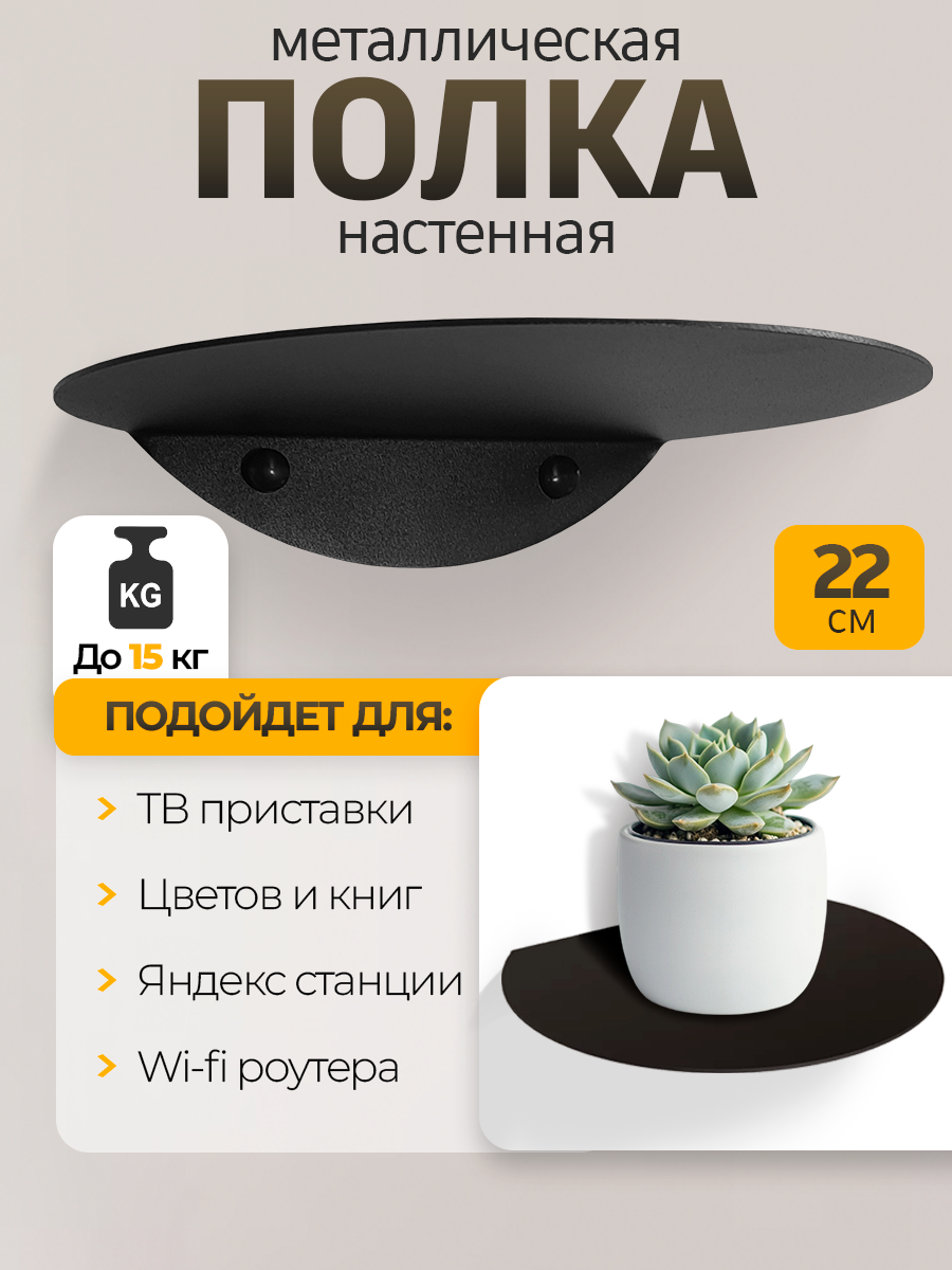 Полка настенная круглая для умной колонки цветов декора 22см черная 1 шт