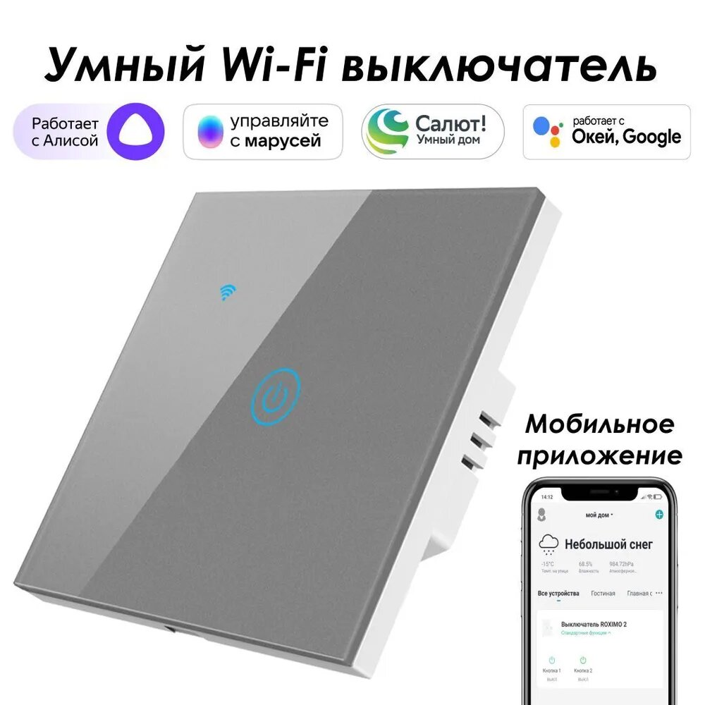 Умный выключатель сенсорный Roximo , однокнопочный, серый SWSEN01-1S