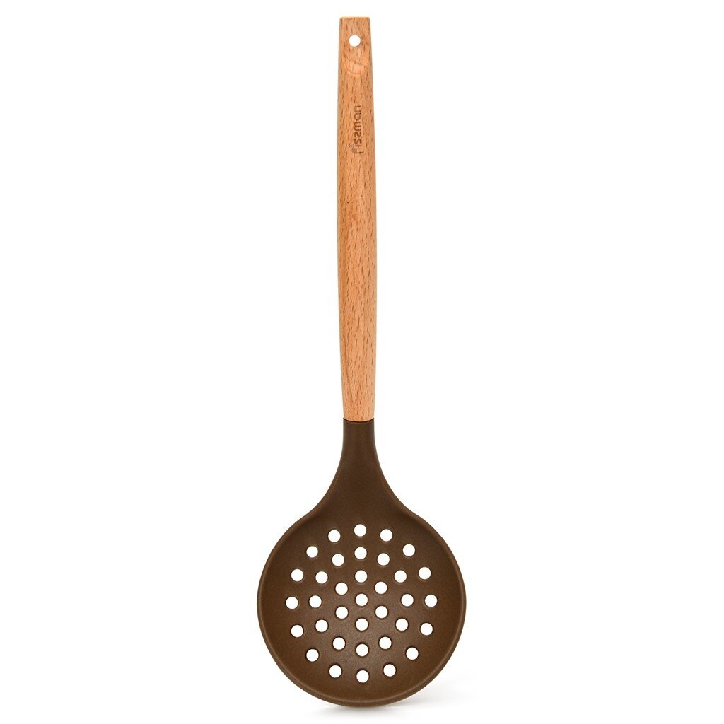 Силиконовая шумовка FISSMAN CHEF's TOOLS 1463, длина 325 мм, деревянная ручка, коричневый цвет — фото 1