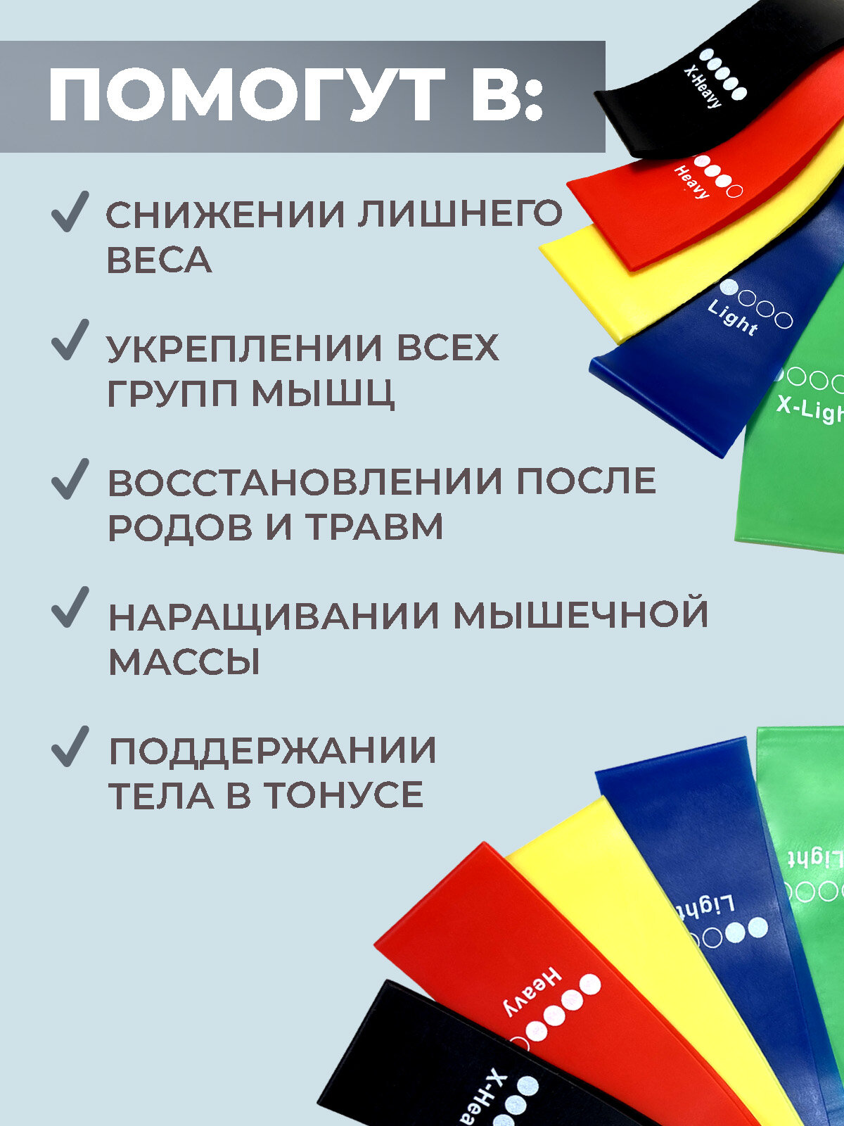 Фитнес-резинки (набор из 5 шт.+ мешочек) Boomshakalaka, 100% силикон, резинки для фитнеса, пилатеса и йоги, ленточный эспандер, лента для фитнеса — фото 1