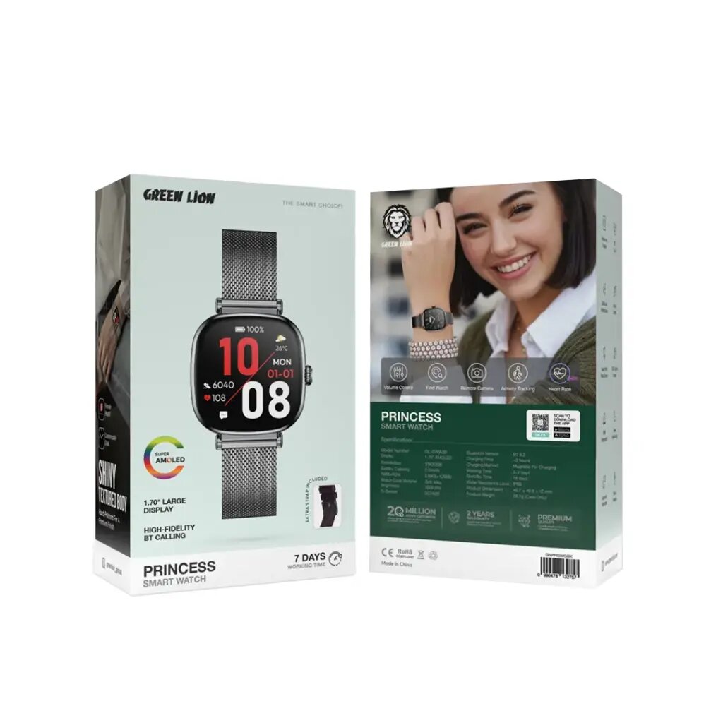 Умные часы Green Lion Princess, IP67, 1.69", черные, силиконовый ремешок