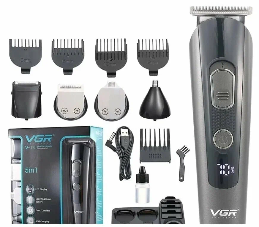 Машинка для стрижки 5 в1 для бороды и усов V175IPRO/триммер для волос/чёрно-серый