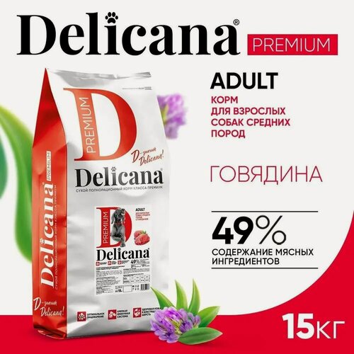 Изображение товара Сухой корм Delicana для взрослых собак средних пород, говядина, 15 кг