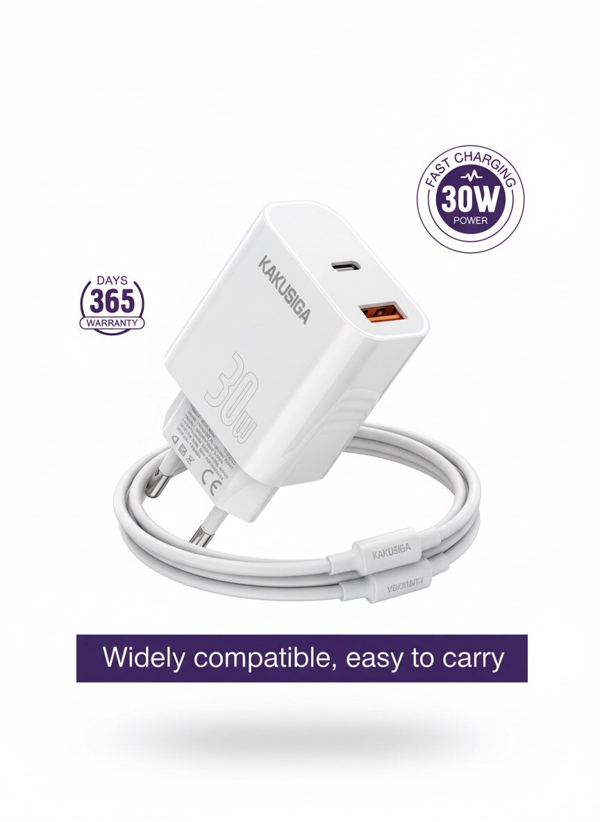 Зарядное устройство Kakusiga JB048, белый, с кабелем Type-C/Lightning, 1м — фото 1