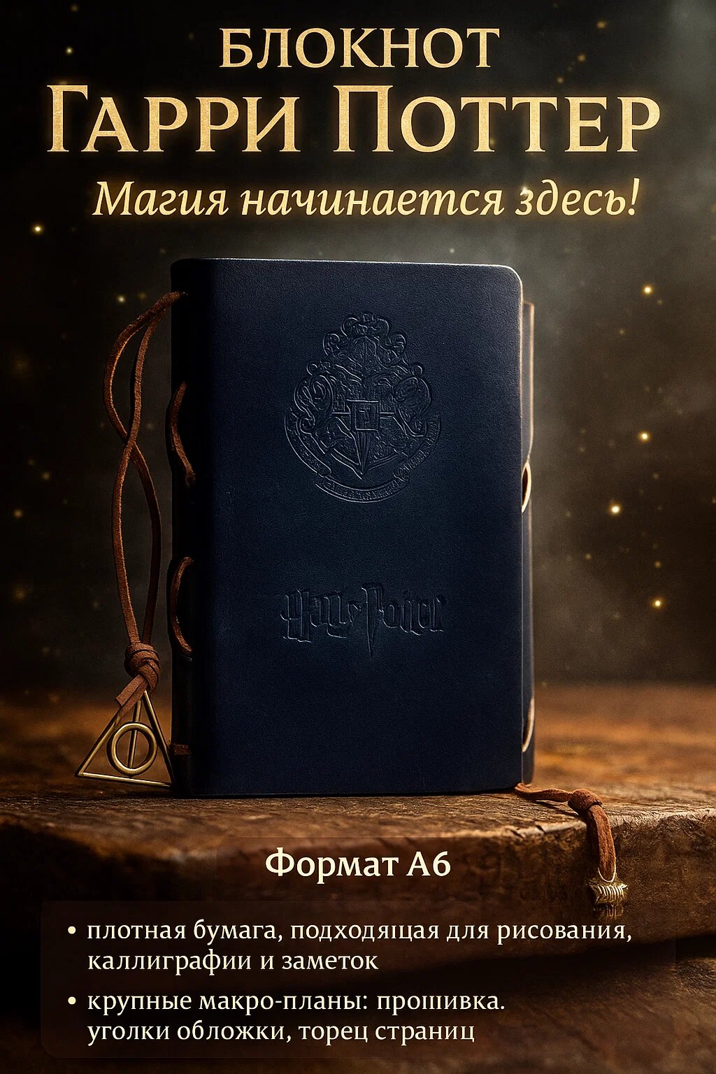 Блокнот в стиле Гарри Поттера. Сделанный из эко кожи (А6, плотная бумага)
