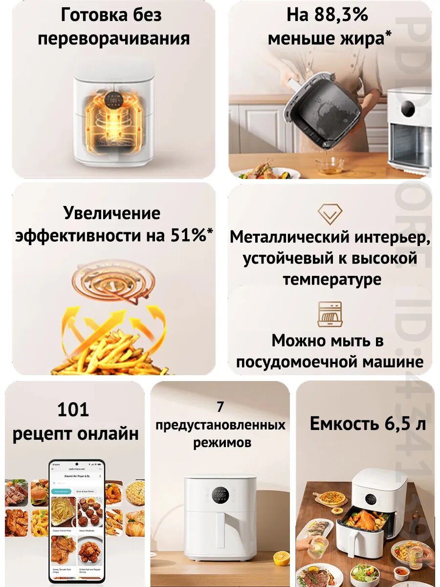 Изображение Аэрофритюрница Xiaomi Air Fryer 6.5L，умная фритюрница без масла, 1700 Вт, 7 режимов, белая