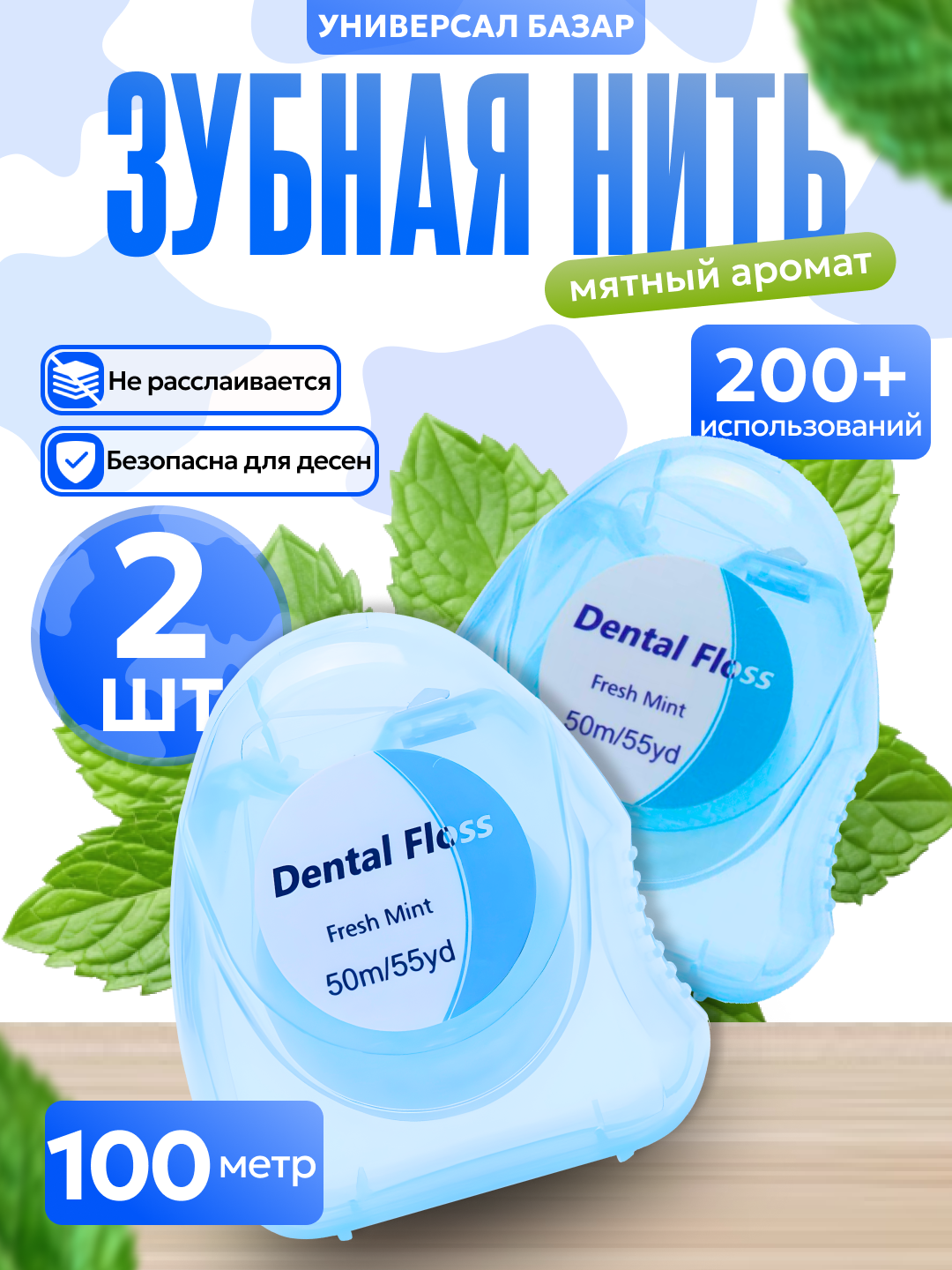 Зубная нить вощеная, тонкая, со вкусом мяты, для ежедневного ухода, 100 метров, 2шт (синий)