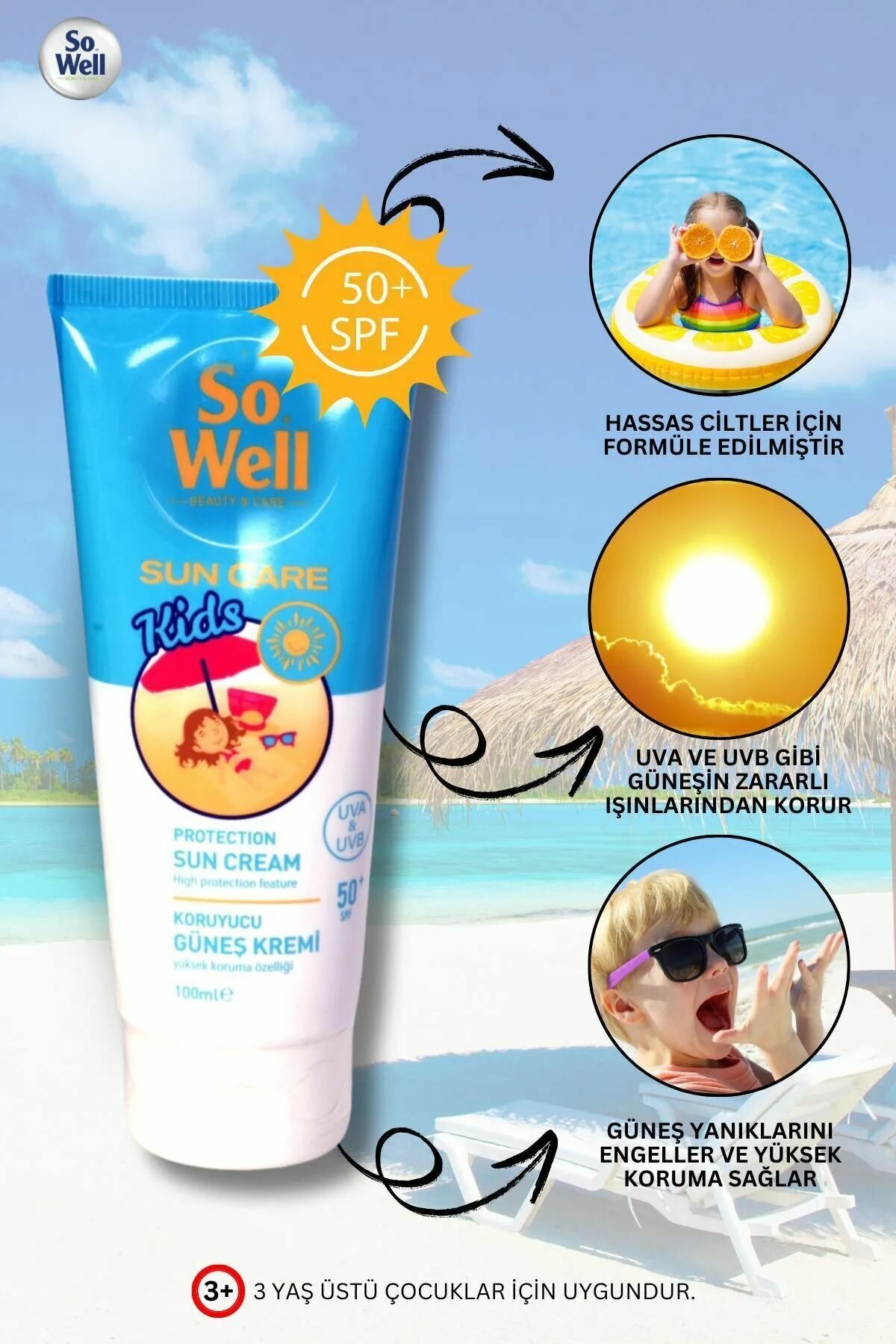 Картинки Детский солнцезащитный крем Sowell High Protection Spf 50 100 мл - Очень высокая защита UVA и UVB