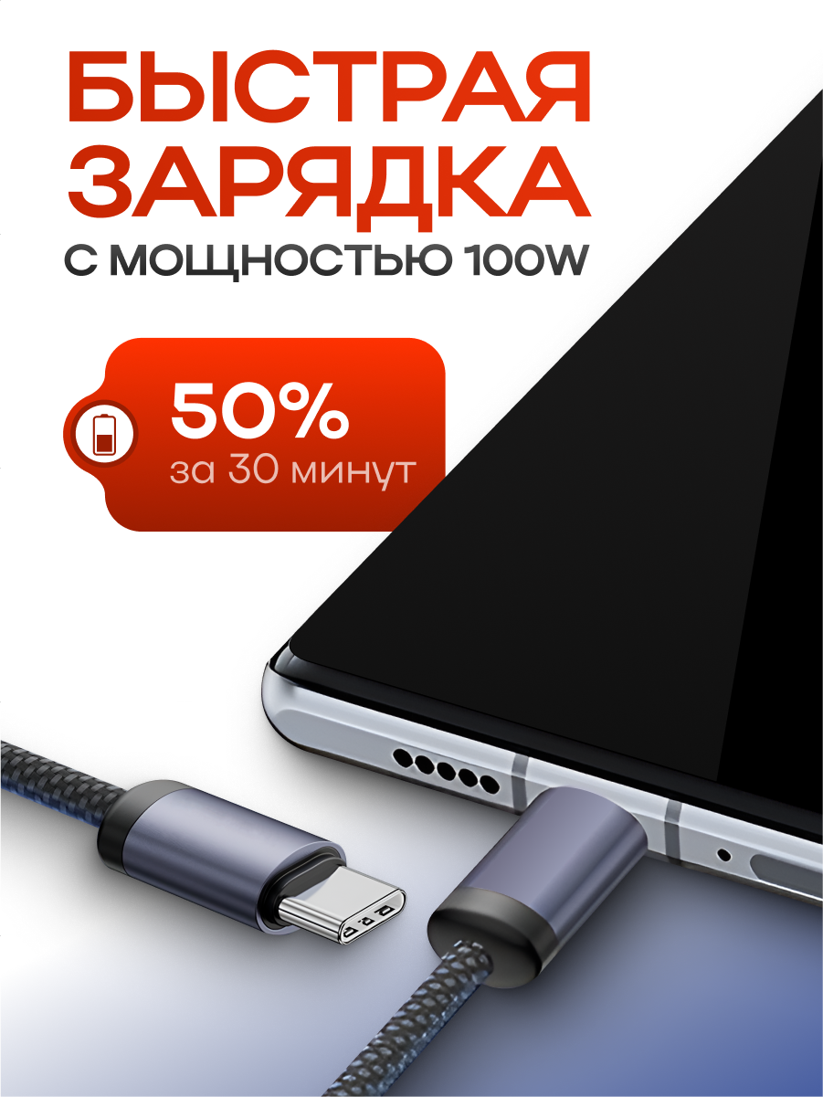 Кабель Type-C Type-C быстрая зарядка и передача данных 100W, провод для iPhone, Samsung, Xiaomi — фото 1