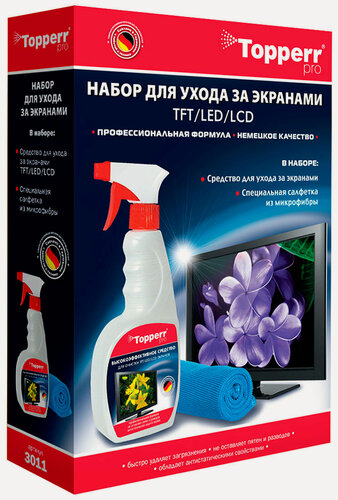 Изображение товара Набор для ухода Topperr за экранами ЖК, LCD и плазмы 2 предмета, средство + салфетка (R) (3011)