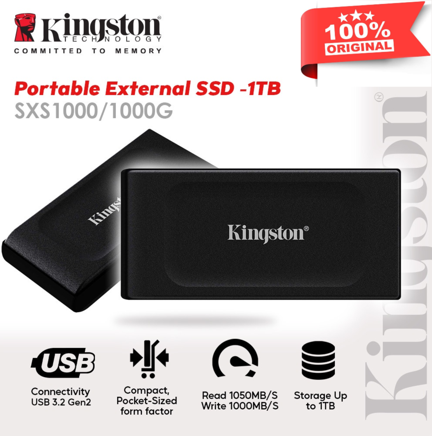 Kingston внешний SSD накопитель Kingston XS1000 1Tb , USB 3.2 Gen 2 (SXS1000/1000G)