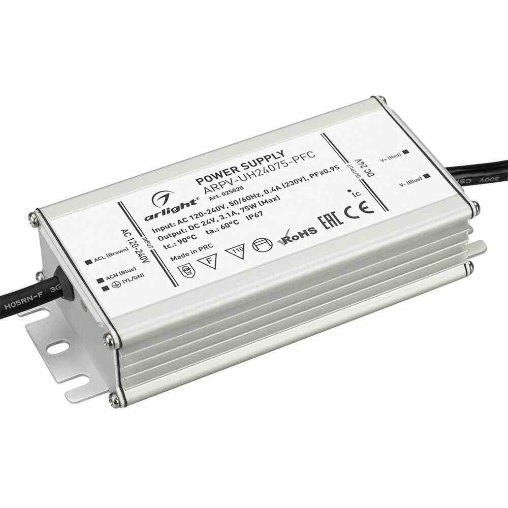 Блок питания ARPV-UH24075-PFC (24V 3.1A 75W) (Arlight IP67 Металл 7 лет)