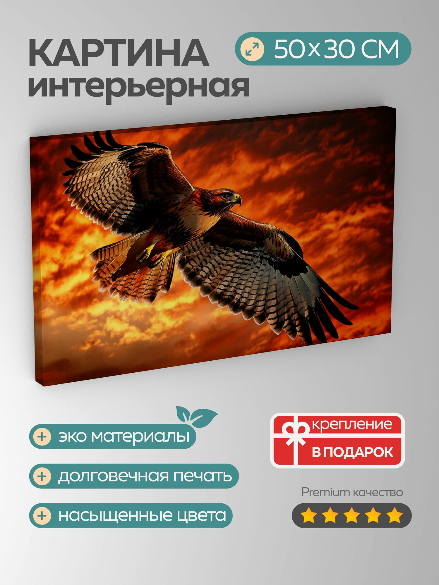Картина на холсте интерьерная 50х30 см  ястреб  краснохвостый  полет  крылья  закат  природа  Nikon  фотография  ISO