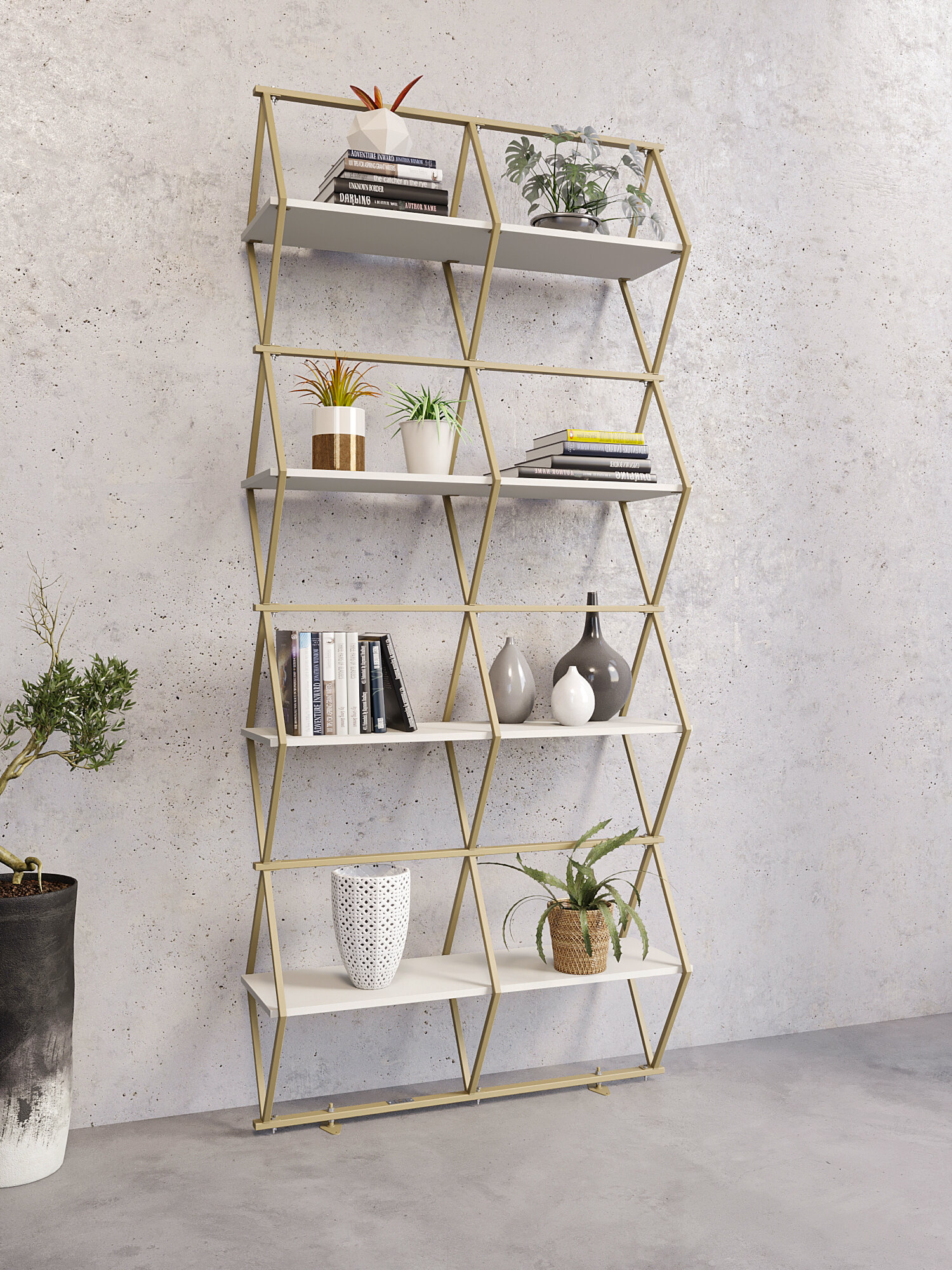 Стеллаж для книг KM LOFT Ромбо золотой/белый лофт для дома в гостинную перегородка