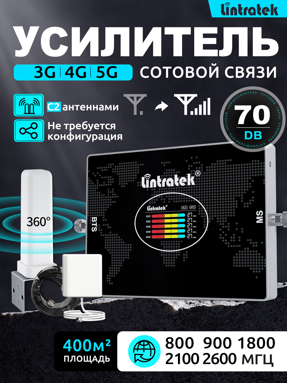Репитер сотовой связи Lintratek 800-2600 МГц AGC поддержка 3G 4G 5G 2 антенны 15м кабель простая установка для дома