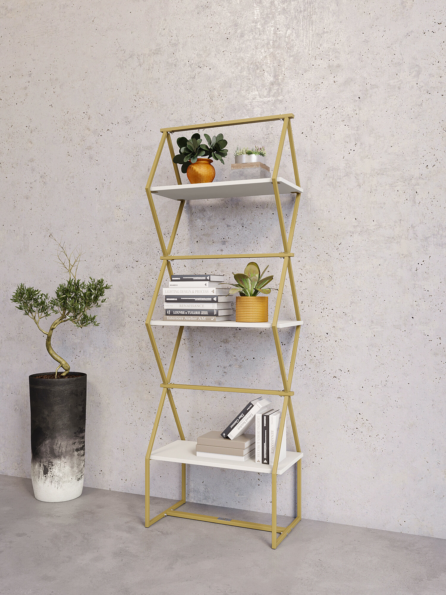 Стеллаж для книг KM LOFT Ромбо стSL золотой/белый лофт для дома в гостинную перегородка