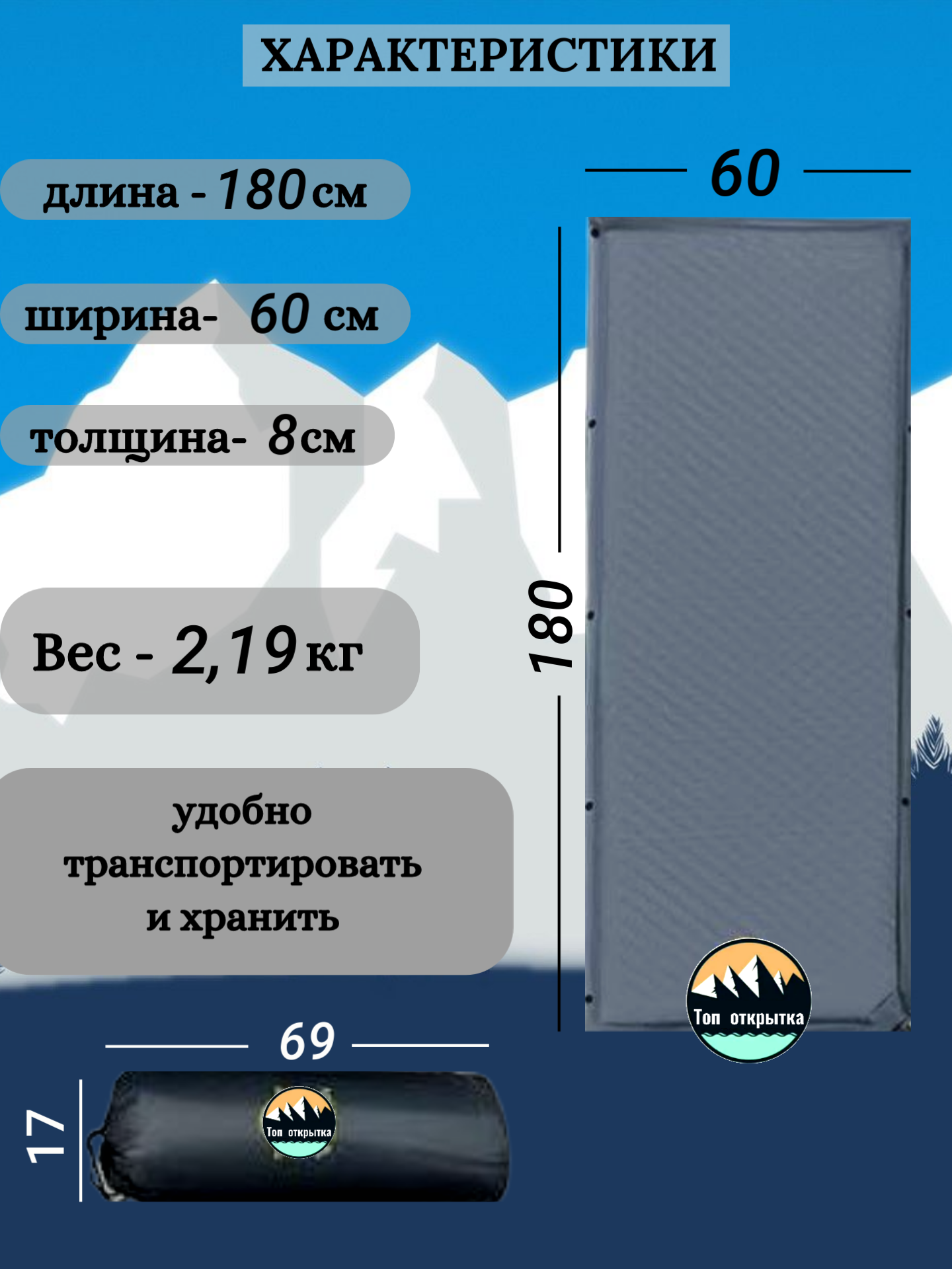 Комплект ковриков из 2шт (двухместный + одноместный), толщина 8см, самонадувающиеся. С общим спальным местом 180х180см — фото 1