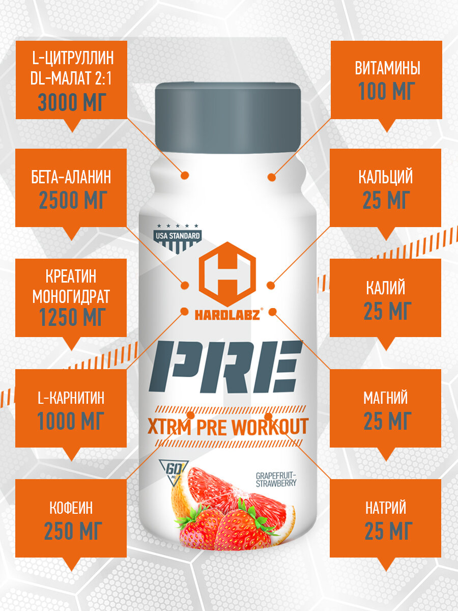 Предтренировочный комплекс Hardlabz PRE шоты, 12 шт. по 60мл, Грейпфрут-Клубника — фото 1