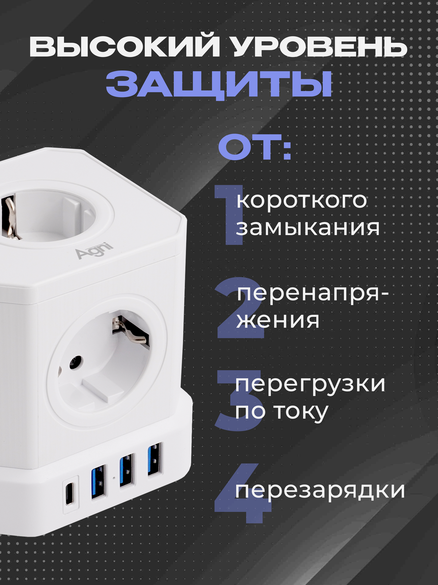Сетевой фильтр с заземлением AGNI 5 розеток 220V, 3 USB 2.4A, 1 TYPE-C 20W (быстрая зарядка), 16A / 4000Вт 2м белый — фото 1