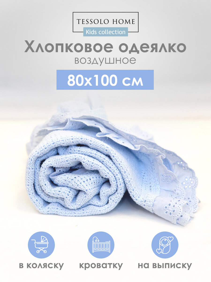 Плед для новорожденного 80х100, вязаный детскийTessolo Home хлопок, голубой