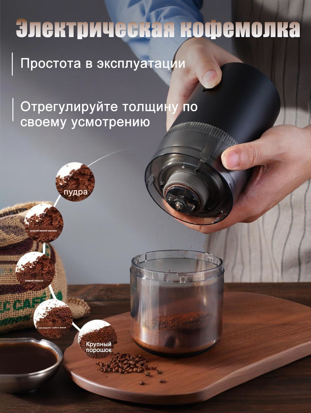 Электрическая кофемолка с USB-зарядкой – компактная домашняя мельница для зернового кофе, портативная