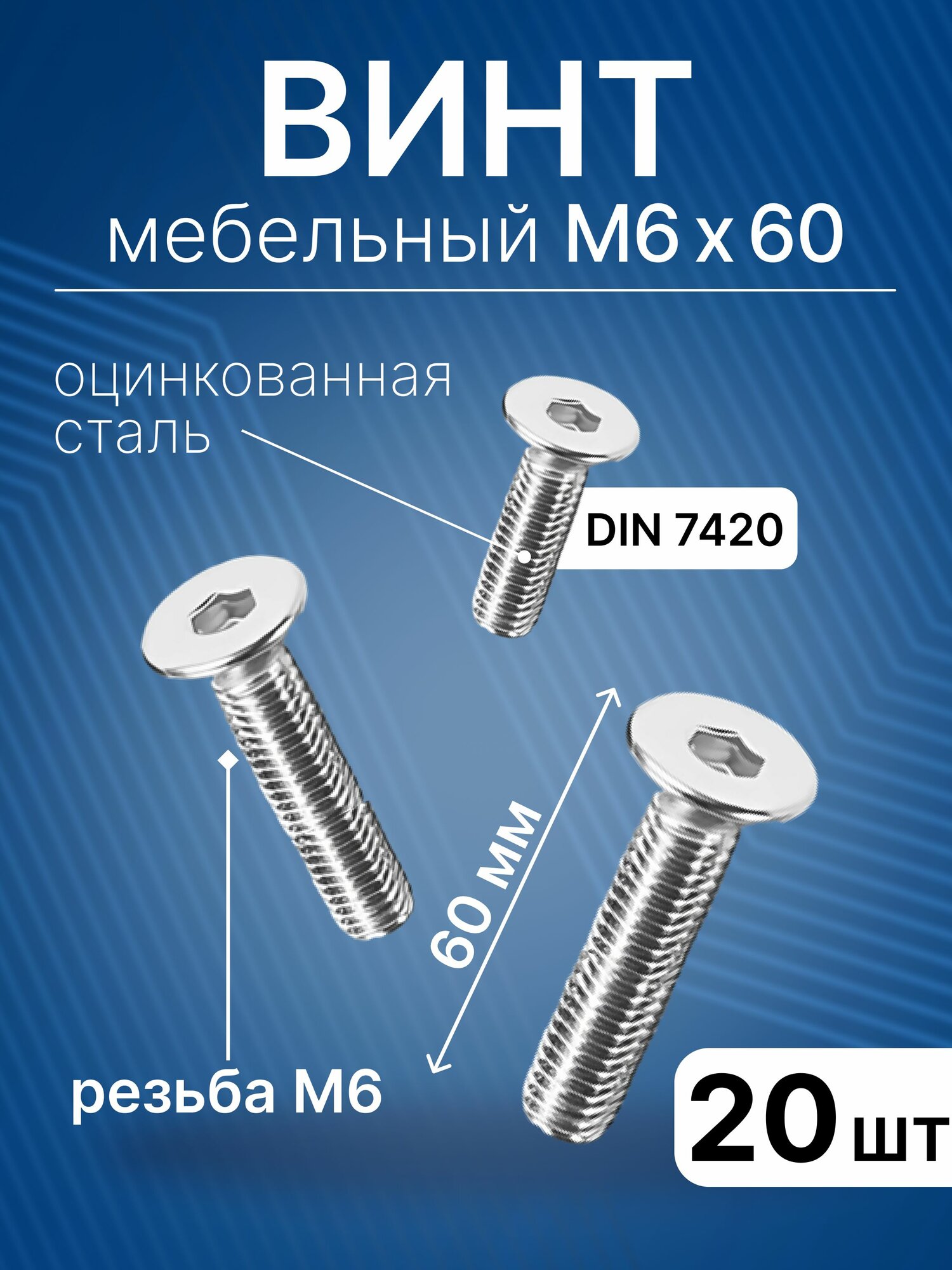 Винт мебельный с плоской шляпкой и внутренним шестигранником М6х60 мм, 20 шт
