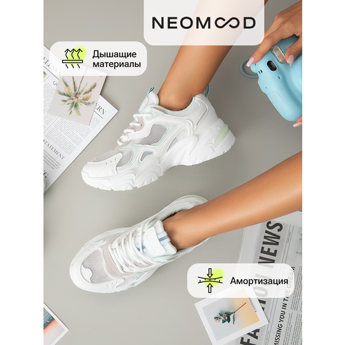фото Кроссовки neomood женские, текстиль / иск. кожа, белый/голубой цвет, 38 размер, размер 38, белый/голубой