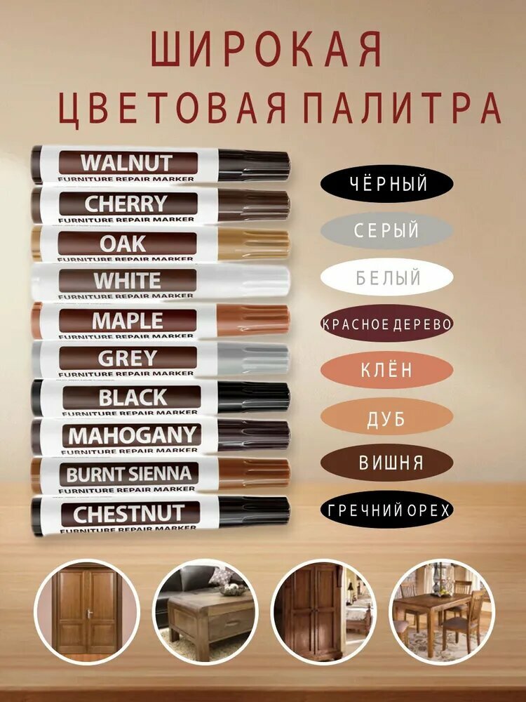 Набор маркеров для реставрации мебели и ламината 8 цветов 17 предметов, маркеры мебельные — фото 1