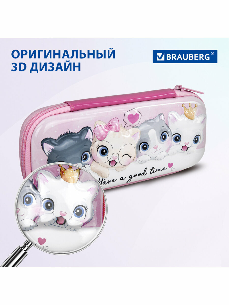 Пенал школьный для девочки / подростка для ручек, карандашей Brauberg, 1 отделение, 1 откидная планка, Eva 3D, 22х10х5 см, Cats, 270700 — фото 1