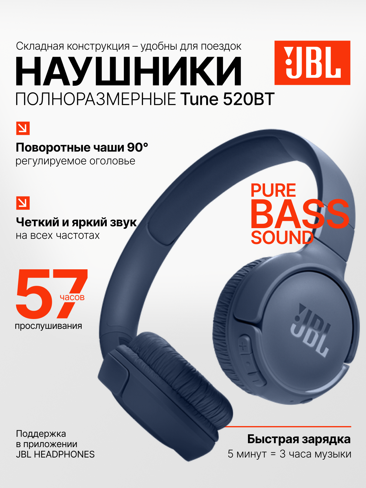 Беспроводные наушники накладные JBL Tune 520BT Bluetooth наушники, синие