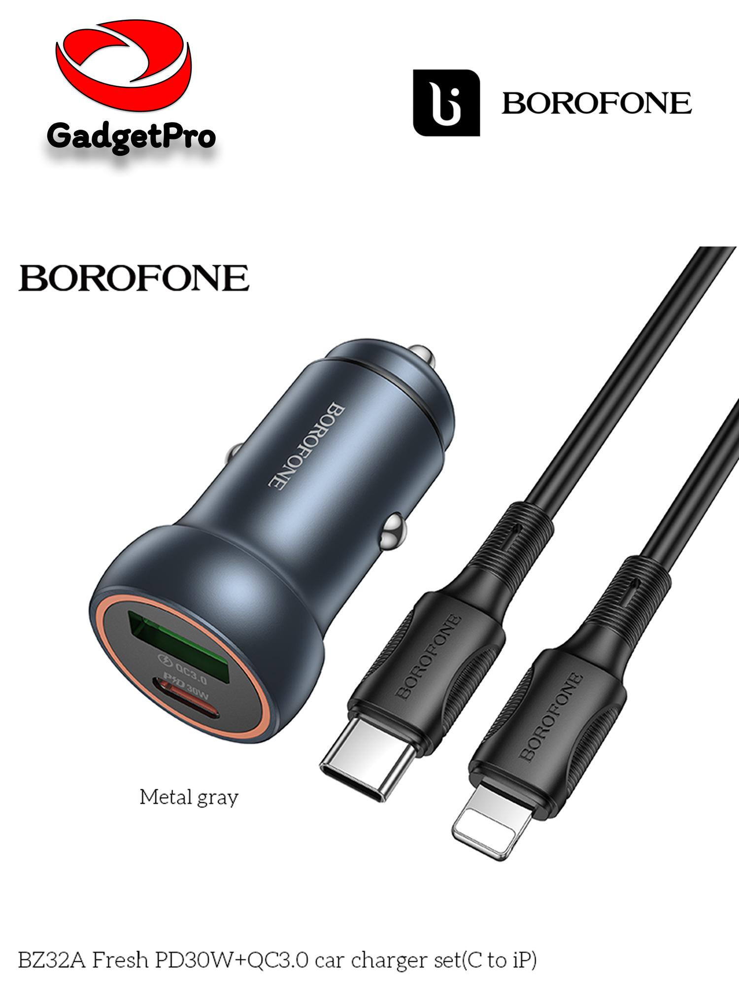 Авто зарядное устройство Borofone BZ32B 48 Вт PD30W+QC, 2 порта, с кабелем iP — фото 1