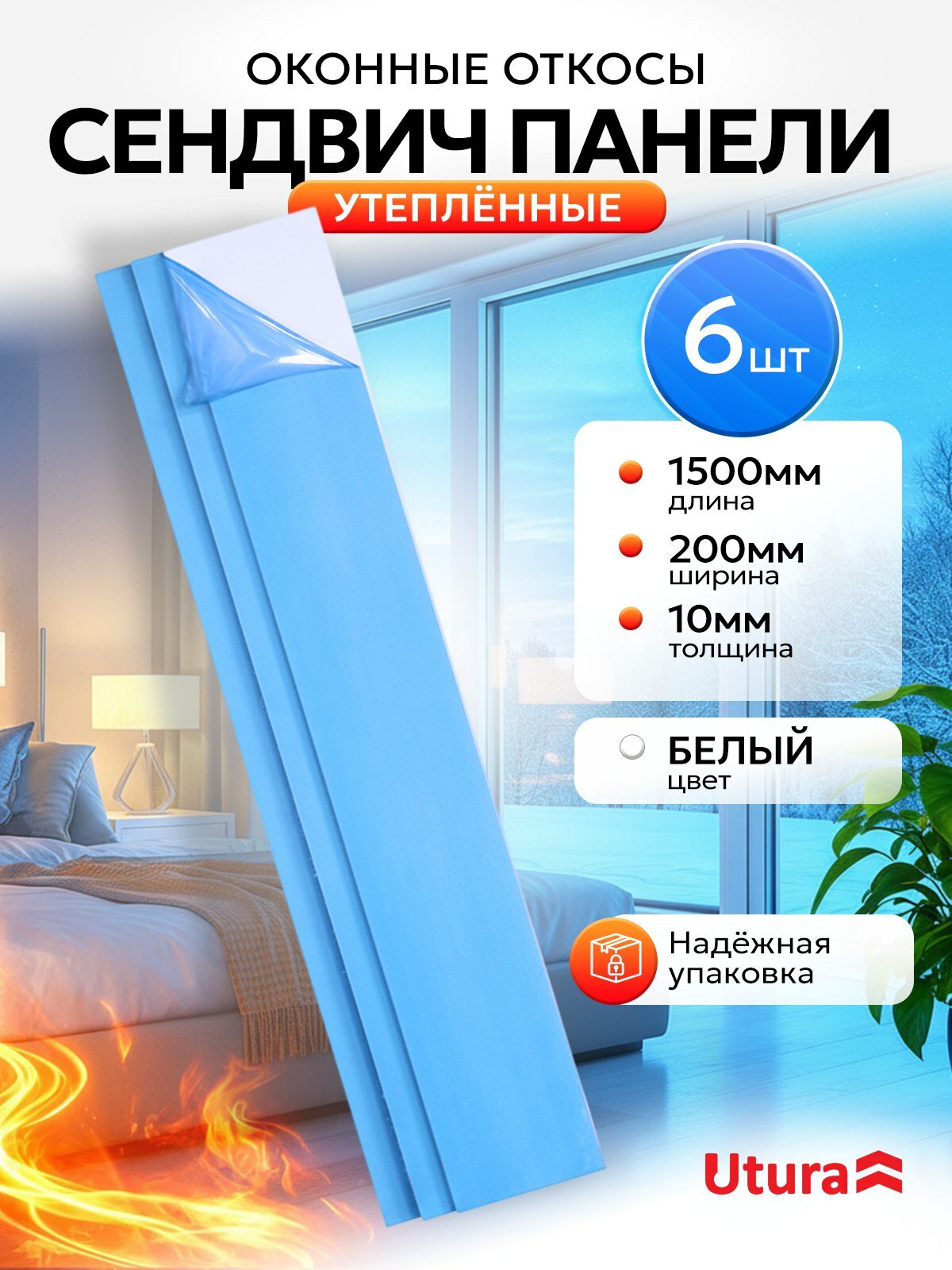 Откос оконный (Сендвич панель утепленная) для отделки пластиковых окон 6 штук ПВХ 200х1500 мм