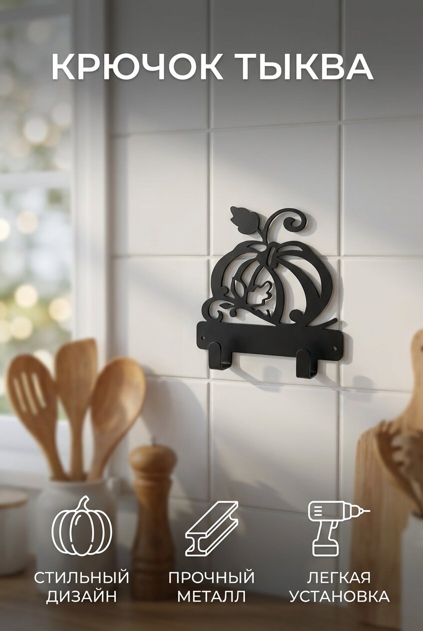Настенная металлическая вешалка Тыква, 2 крючка, сталь 2 мм, черный