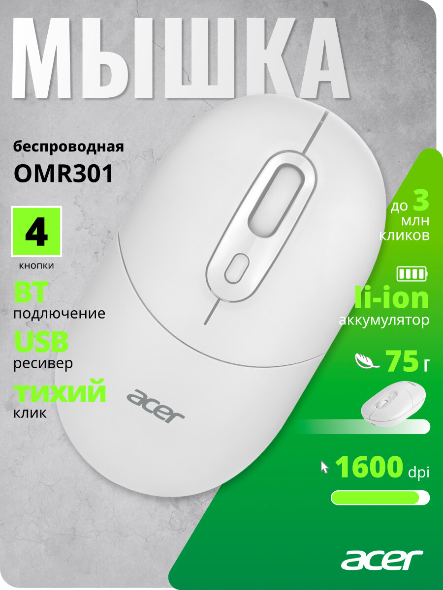 Бепроводная мышь Acer OMR301 белый (1600dpi) Bluetooth/USB (4 кнопки)
