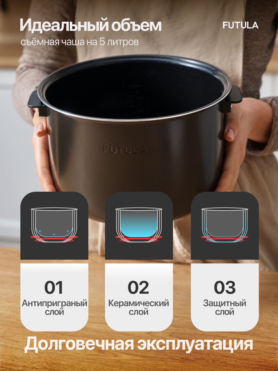 Мультиварка 5 литров Futula MC6 черный, 16 программ и режим с Вашими рецептами, 1000 Вт. — фото 1