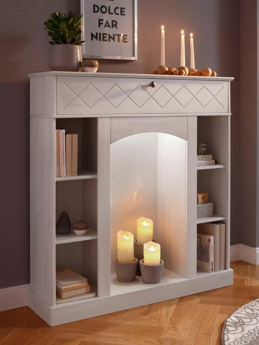 Камин декоративный 100х28х110, Абау, напольный, электрический, стеллаж с ящиком, массив сосны, полка декоративная с подсветкой, белый, Dipriz