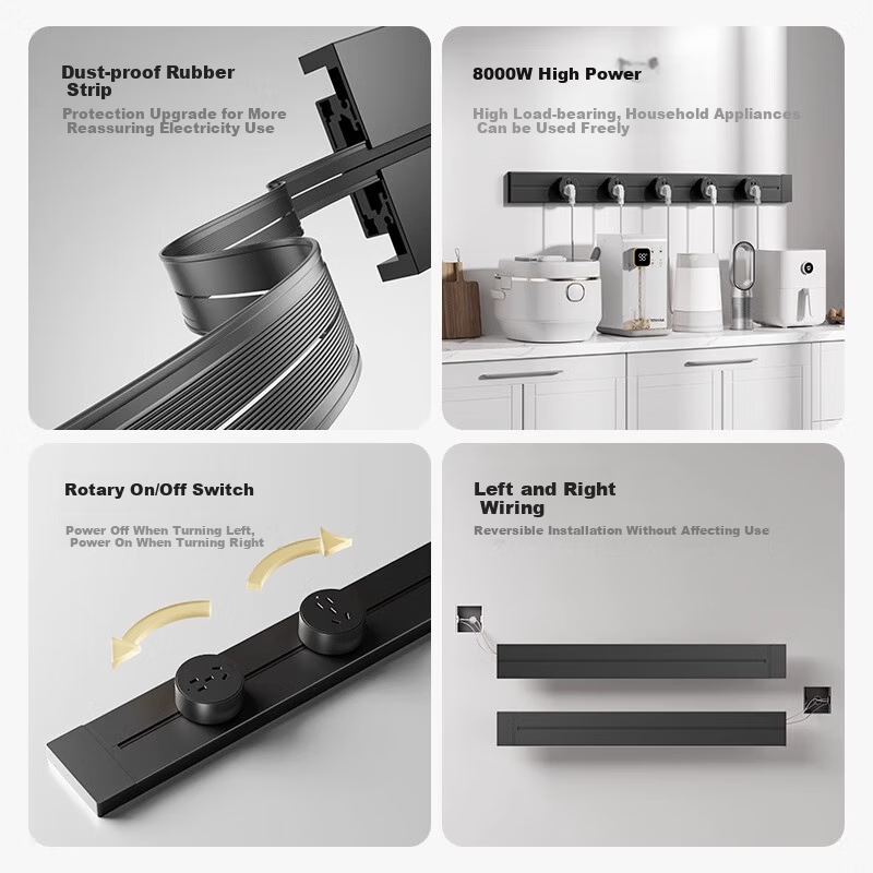 AUX Track Socket, Movable Sliding Power Rail Track Socket, Slim Power Strip Switch Socket for Xiaomi C6 Single Point Gray 40cm Track + Two Five-Hole Sockets — фото 1