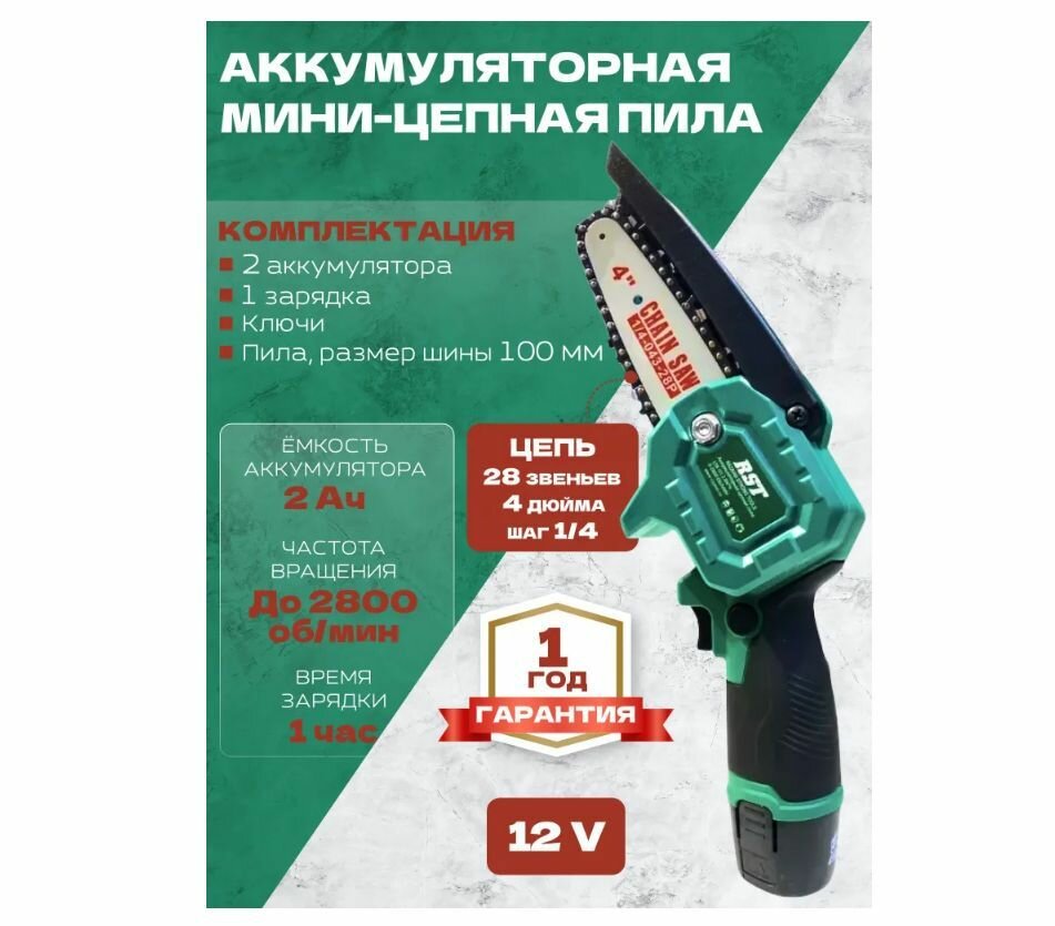 Аккумуляторная мини-цепная пила с двумя аккумуляторами 12В 2 А/ч RST-2243