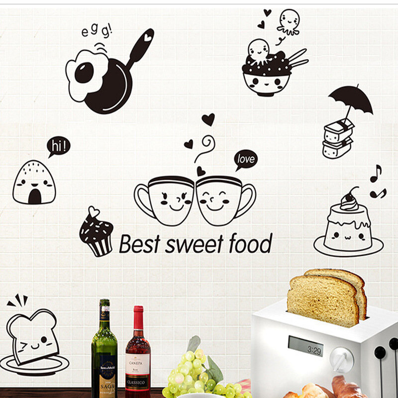 Наклейки на стену с изображением сладкой еды из мультфильма симпатичная кофейная чашка хлеб яйцо пудинг десерт съемные обои из ПВХ самоклеящиеся настенные наклейки для кухни столовой домашнего кафе декор 20x40 см