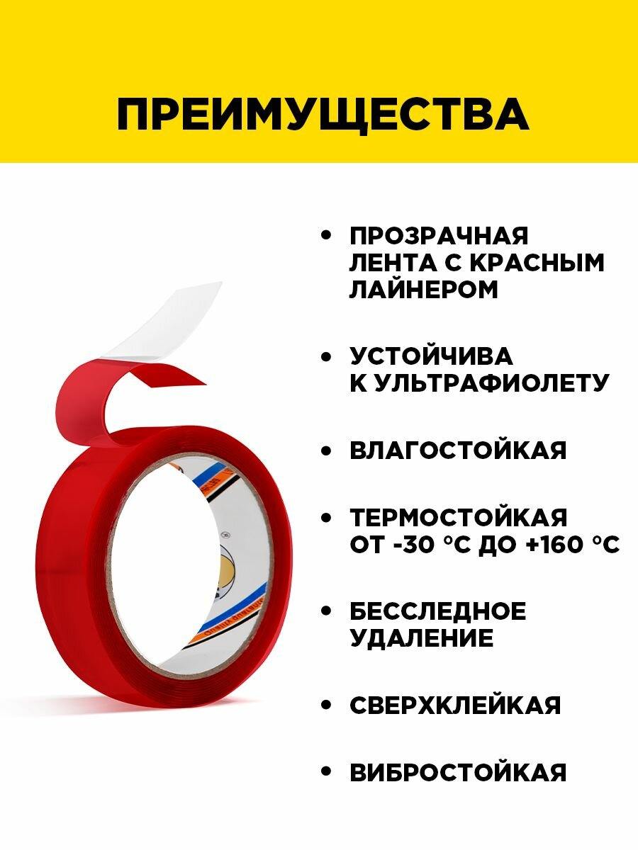 Двусторонняя клейкая лента сверхпрочная УФ - стойкая Aviora, 15мм * 3м, 800 мкм, от -30 С до + 160 С, на вспененной основе, прозрачная — фото 1
