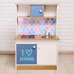 Игровая Zabiaka мебель Детская кухня цвет корпуса бело-бежевый цвет фасада бело-голубой фартук ромб