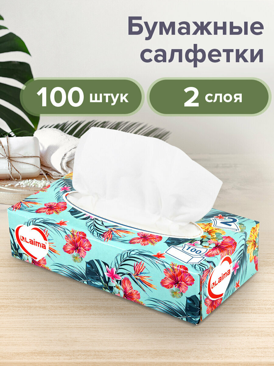 Салфетки / платочки бумажные сухие белые косметические в коробке для лица 100 штук, 2-слойные, Laima Everyday, 20х20 см