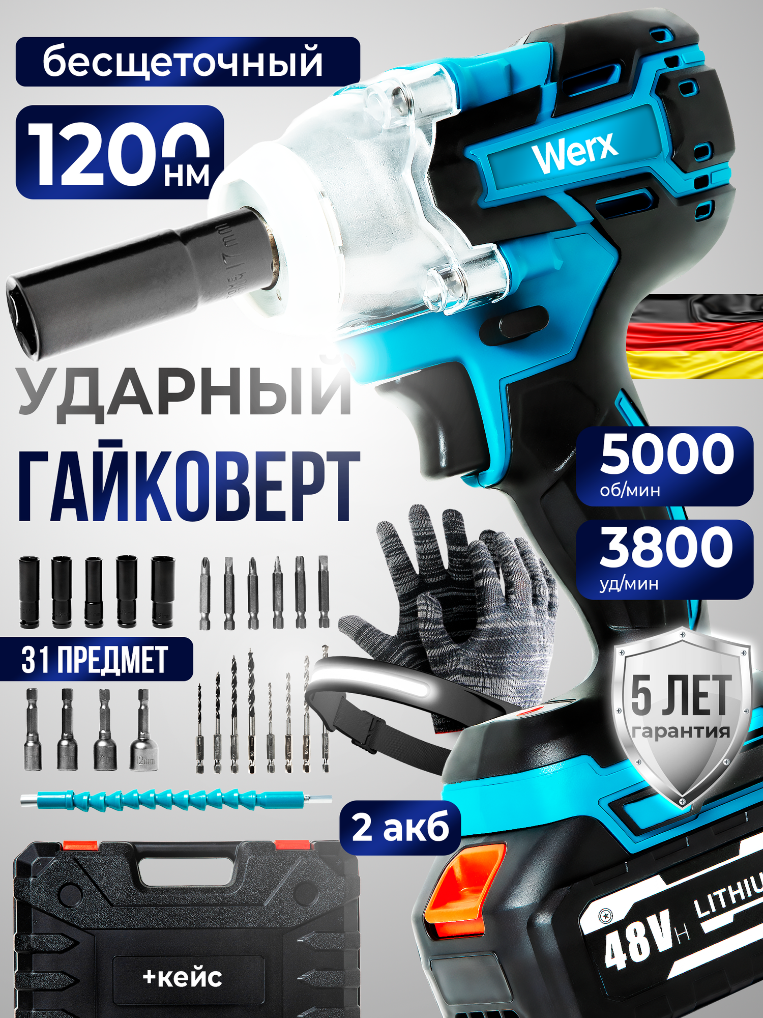 Гайковерт ударный, бесщеточный, 380 Нм, 2 АКБ, 4000 об./мин, в кейсе