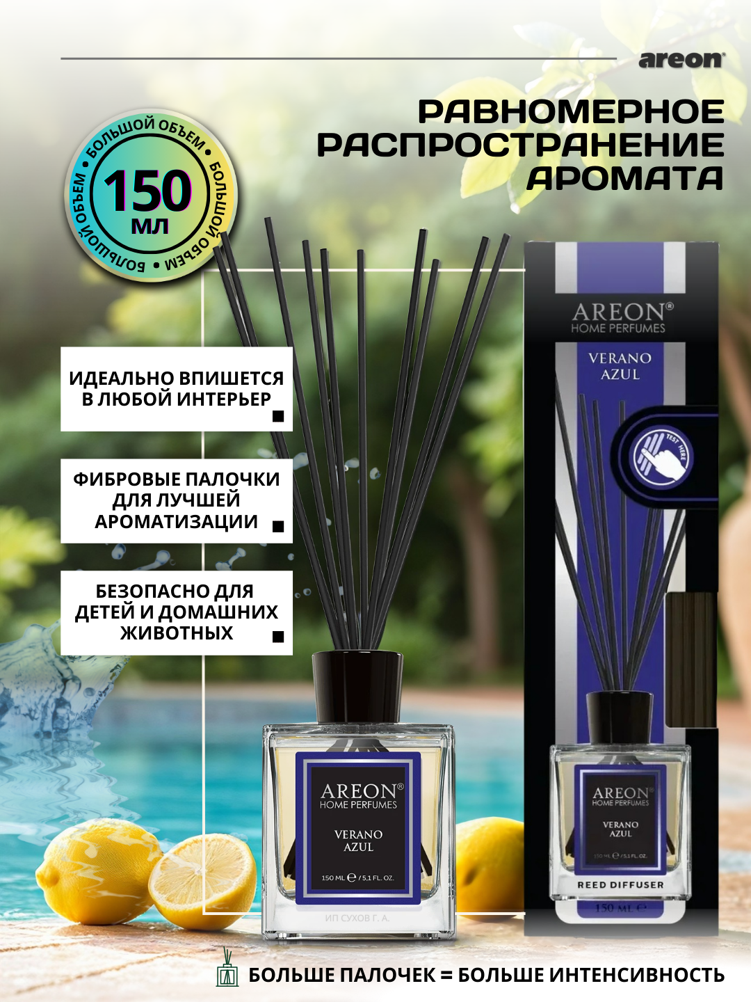 Ароматизатор-диффузор для дома Areon Home Perfume серия Lux, аромат Verano Azul, 150 мл + аромасаше в подарок — фото 1