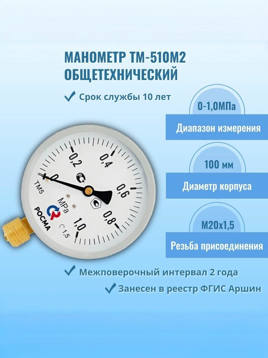 Манометр "росма" ТМ-510Р.00 М2 0-1МПа М20х1,5, кл. т. 1,5