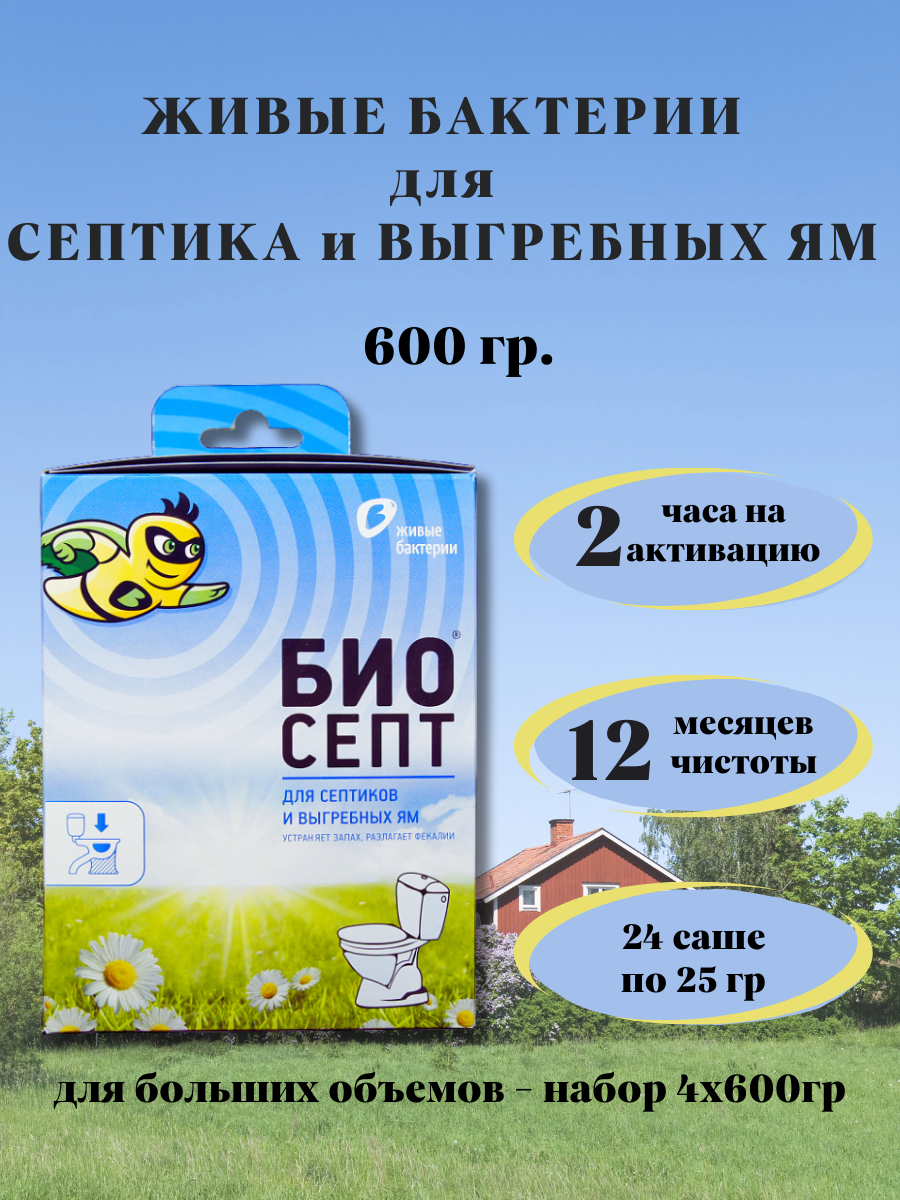 Биоактиватор для септиков и выгребных ям БИОСЕПТ, бактерии живые от запаха, порошок 600гр.