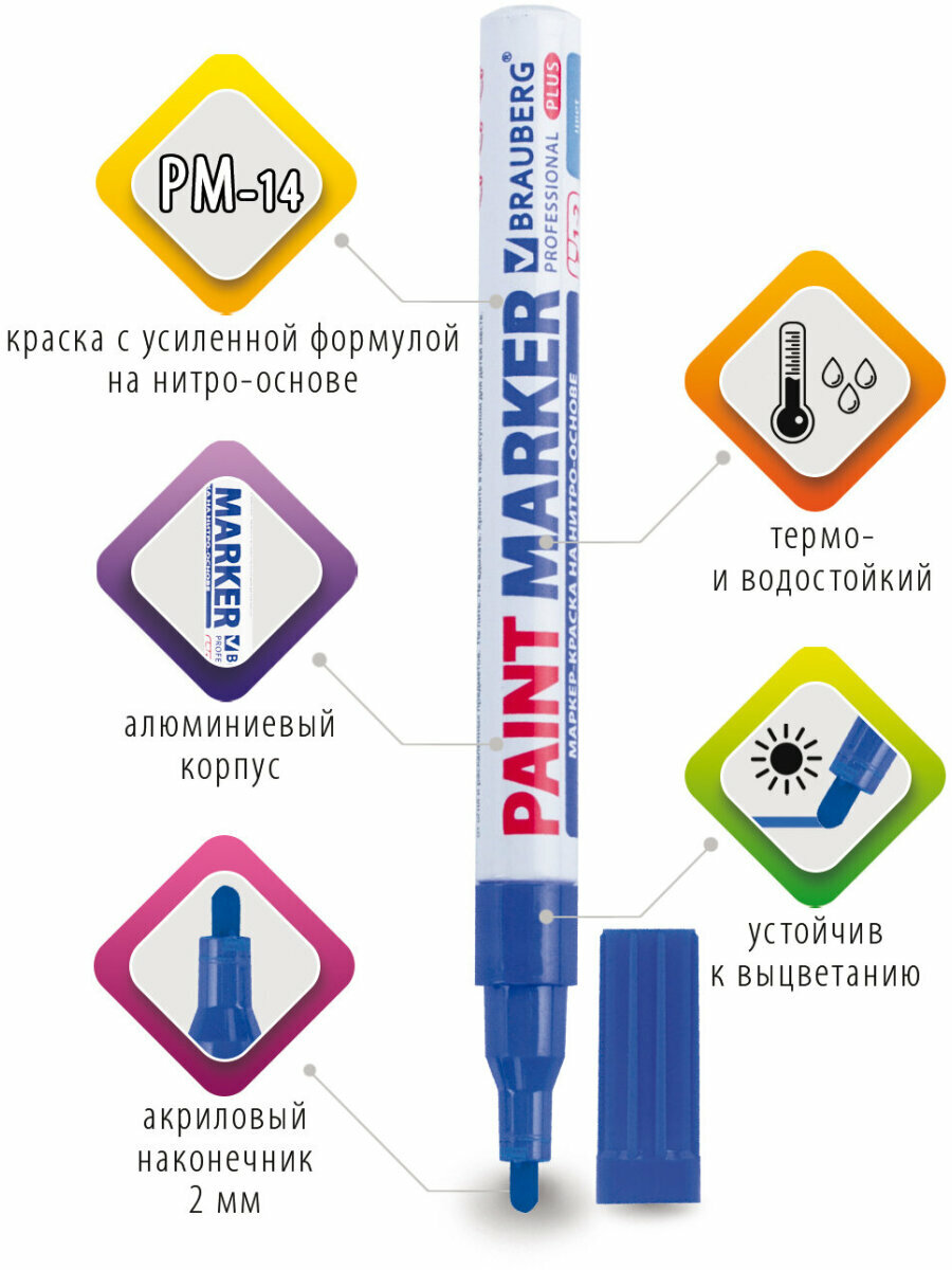 Маркер краска лаковый paint marker 2 мм строительный синий, фломастер, нитро основа, алюминиевый корпус, Brauberg Proffessional Plus, 151441 — фото 1