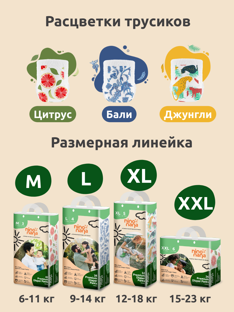 Подгузники-трусики детские Nino Nana XXL (15-23 кг), 6 размер. 26 штуки, расцветка Цитрус (Q-форма)