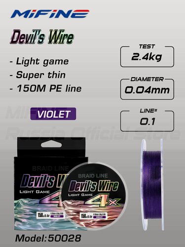 Изображение товара Плетеный шнур для рыбалки MIFINE DEVILS WIRE 150m (0.04mm) цвет - фиолетовый