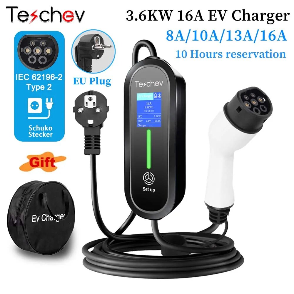 Teschev 16A 3,6 кВт Портативное зарядное устройство для электромобилей Type2 IEC62196-2 Type1 J1772 Зарядное устройство для электромобилей GB/T EVSE Зарядный кабель Wallbox Вилка европейского стандарта, Type 2
